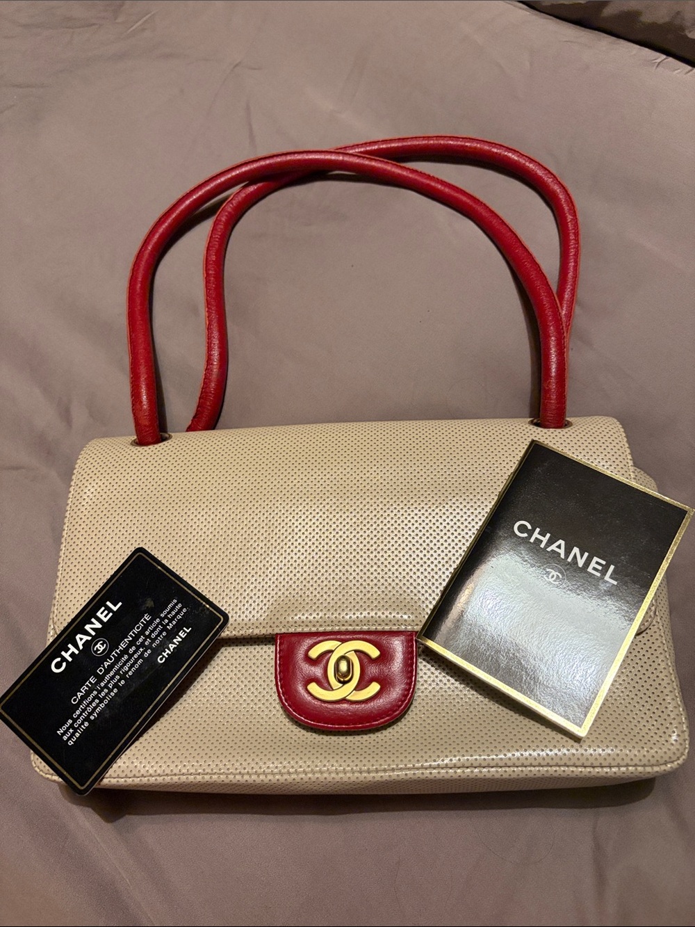 Chanel Beige and Red Leather Flap Bag
